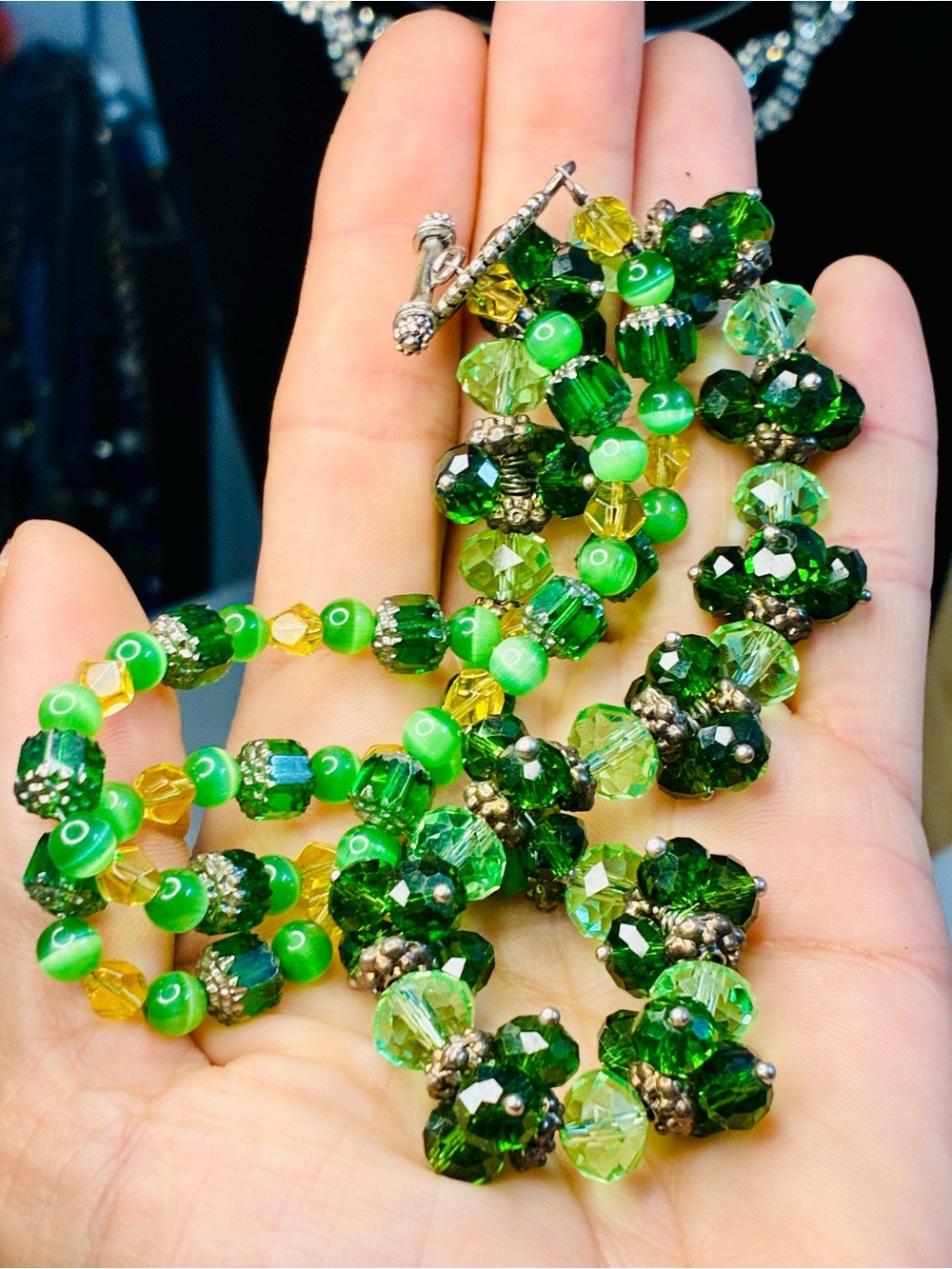 High End Austrian Crystal Dark and Light Green Beaded Necklace - Designer Style